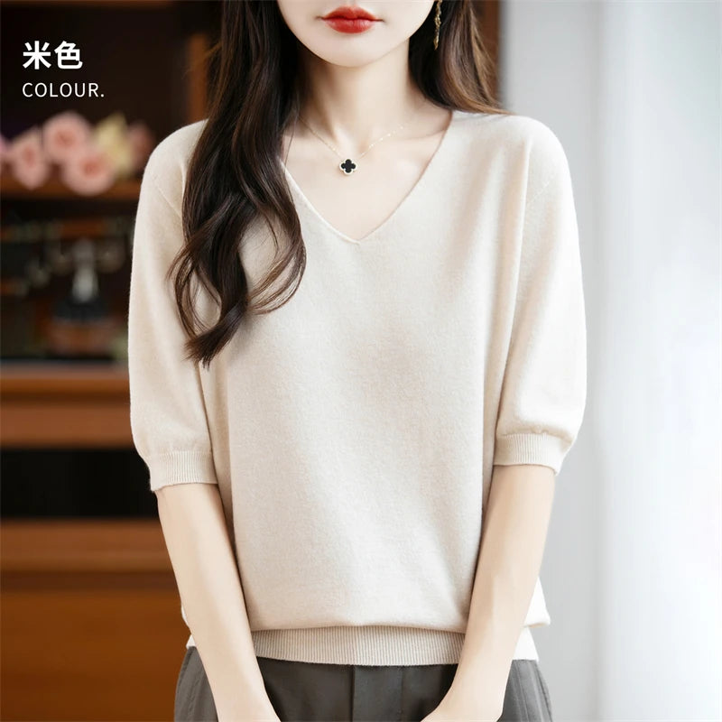 Thin Worsted Wool Short-Sleeved Women's Loose Round Neck T-shirt Printed Summer Fashion Knitted Bottoming Shirt Half-Sleeved