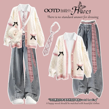 Korean Style Winter College Fashion Knitted Cardigan Jacket Beautiful Unique Miu Series Sweater Three Piece Set High Waist Pa...