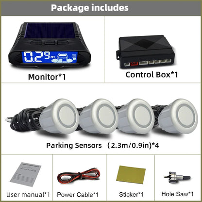 QXNY Wireless Solar Charging 4 Parking Sensors Kit Backup Radar Rear Parktronic Auto LCD Monitor Detector Assistance Reverse
