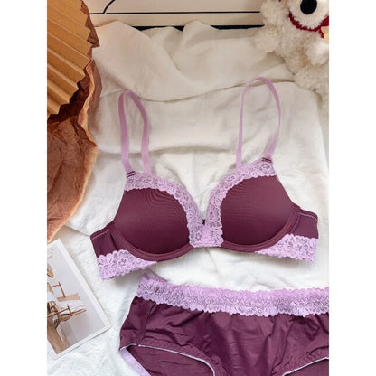 Sexy Purple Lace Lingerie Set for Women Push Up Bra No Underwire Small Bust Fit gathering Cups Lift Petite Cute Panties YUQI