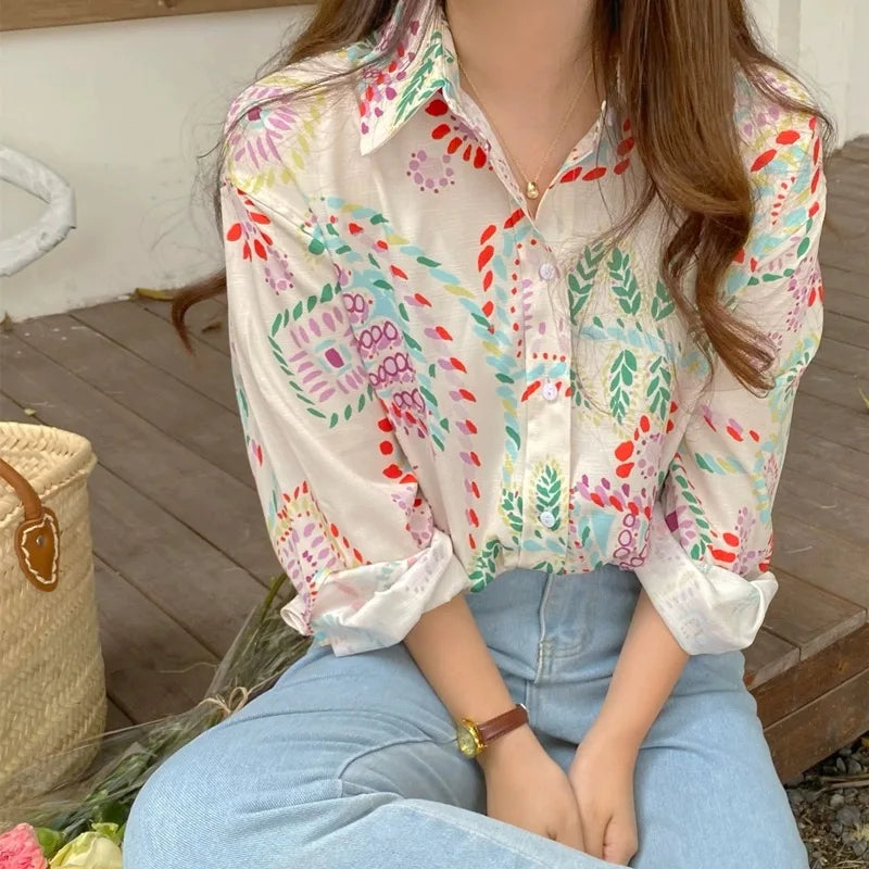 Chic Women's Shirt Vintage Gentle Loose Design Sensation Elegance Korean Style Long Sleeve  Collar Print Casual Fashion