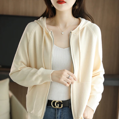 Explosions Women's Hooded Padded Long-Sleeved Sweater Cardigan Sweater Coat Beige Loose Zipper Coat Jacket