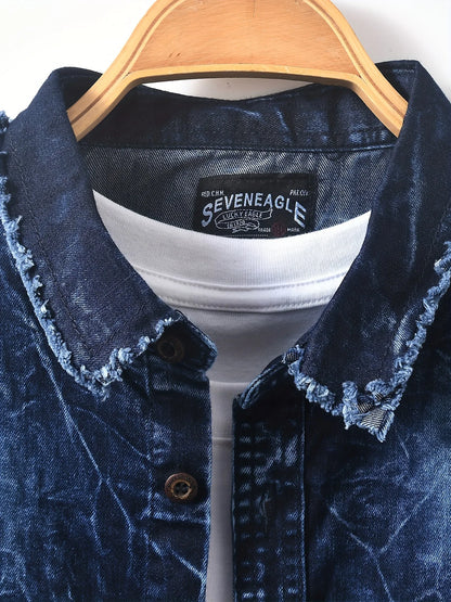 Men's denim shirt for autumn, American retro long-sleeved, washed dark blue, blue denim shirt with double pockets, workwear styl
