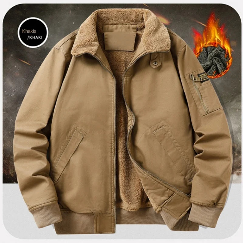 2025 New Jacket Pure Cotton Jacket Men's Plush Thickened Autumn and Winter Top Washed Workwear Casual Multi Bag Clothes