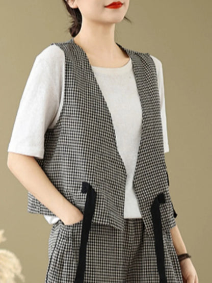 Fashionable Cotton Linen Plaid Set Casual Loose V-neck Tank Top And Lantern Pants Eighteen Loose Two-piece Set for Women