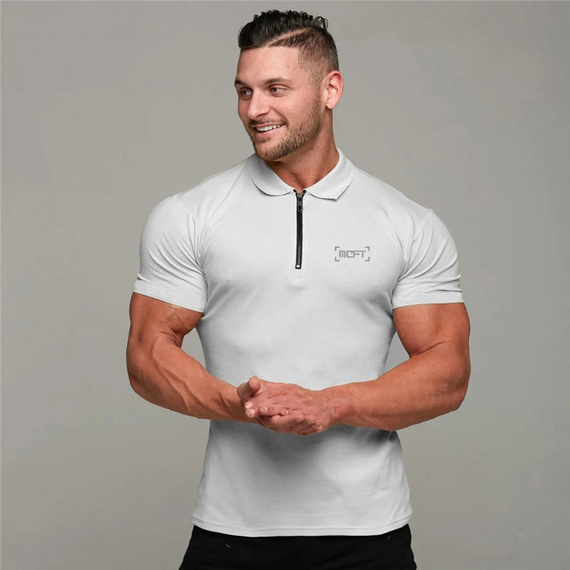 Men Casual Fashion Short Sleeve Slim Fit Zip Collar Cotton Polo Shirts Gym Fitness Summer Breathable Cool Feeling Muscle Shirt