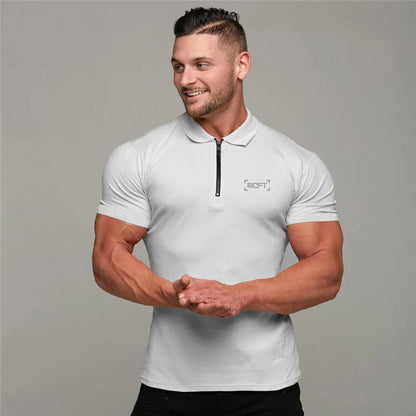 Men Casual Fashion Short Sleeve Slim Fit Zip Collar Cotton Polo Shirts Gym Fitness Summer Breathable Cool Feeling Muscle Shirt