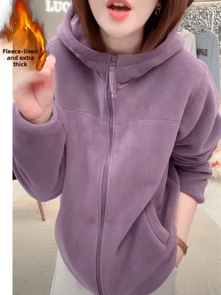 Autumn Winter Thickened Fleece Hoodie Jacket Women's Casual Slimming Versatile Long Sleeve Zipper Closure  Color Sweatshirt