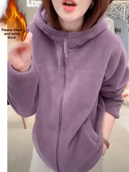 Autumn Winter Thickened Fleece Hoodie Jacket Women's Casual Slimming Versatile Long Sleeve Zipper Closure  Color Sweatshirt
