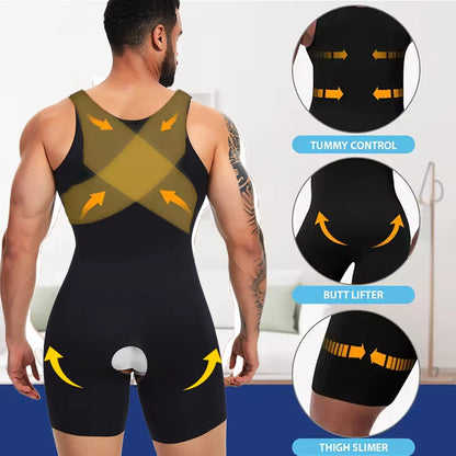 Men's Compression Bodysuit Tummy Control Body Shaper Seam-free Open Crotch Underwear Low Neckline Shapewear with Zipper Fajas