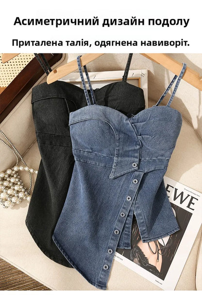 Irregular Halter Neck Denim Crop Top Women Summer Outdoor Wear with Chest Pad Slimming Sexy Girl Shirt Short Length Zipper