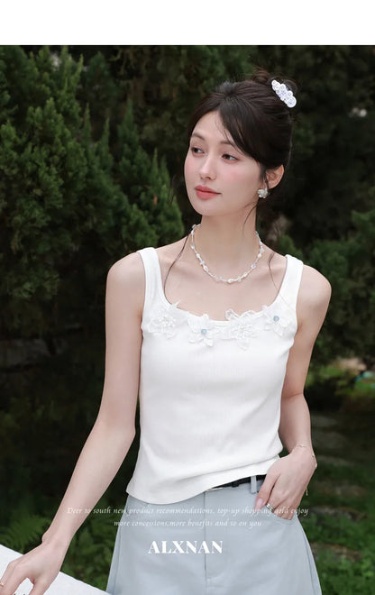 ALXNAN White Tank Tops Women 3D Floral Design Elegant Square Neck Camisole Summer Casual Cotton Female Sleeveless Tops L62833