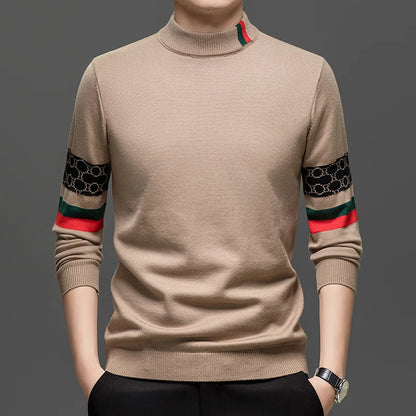 High End Big Brand Semi High Neck Sweater for Men with Thick Velvet and Autumn/winter Fashionable Warm Base Shirt for Men