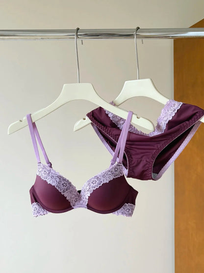 Sexy Purple Lace Lingerie Set for Women Push Up Bra No Underwire Small Bust Fit gathering Cups Lift Petite Cute Panties YUQI