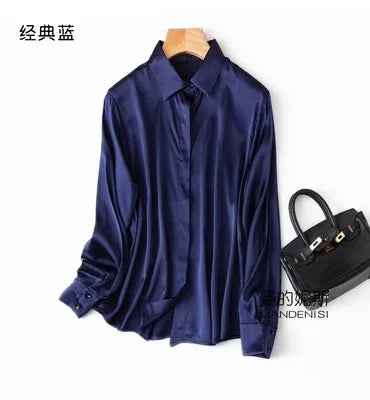 Luxury Satin silk shirt women's long sleeve 93% mulberry silk shirt commuter office lady style for Spring/Summer