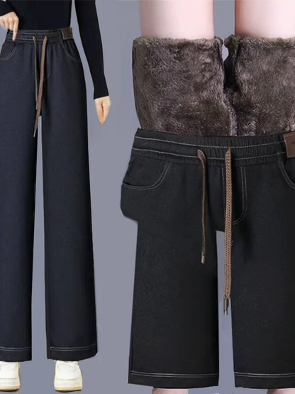 Women's High Waist Fleece Lined Thickened Denim Look Wide Leg Pants Autumn Winter Warm Casual Trousers Fashionable Long Pants