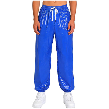 Mens Shiny Y2K Drawstring Jogging Pants Waterproof Elastic Waistband Side Pockets Track Baggy Glossy Pants Hip Hop Trousers
