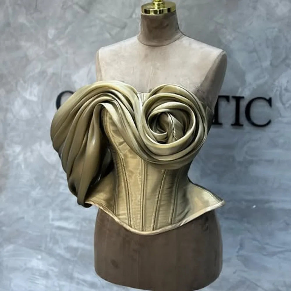 One Shoulder Women Tops Custom Made Handmade Flowers Exposed Boning Birthday Party Top Normal Length Formal Evening Tops