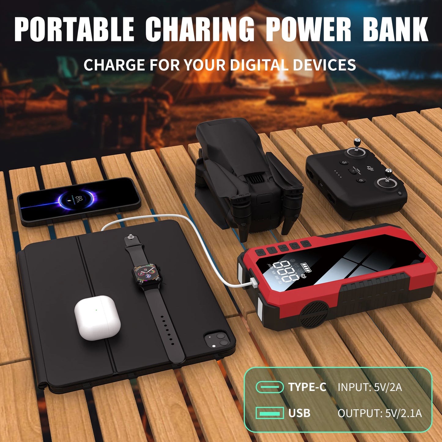 5000A Peak Car Jump Starter with 150PSI Air Compressor Portable Car Battery Booster Pack 12V Auto Starting Device for Gas/Diesel