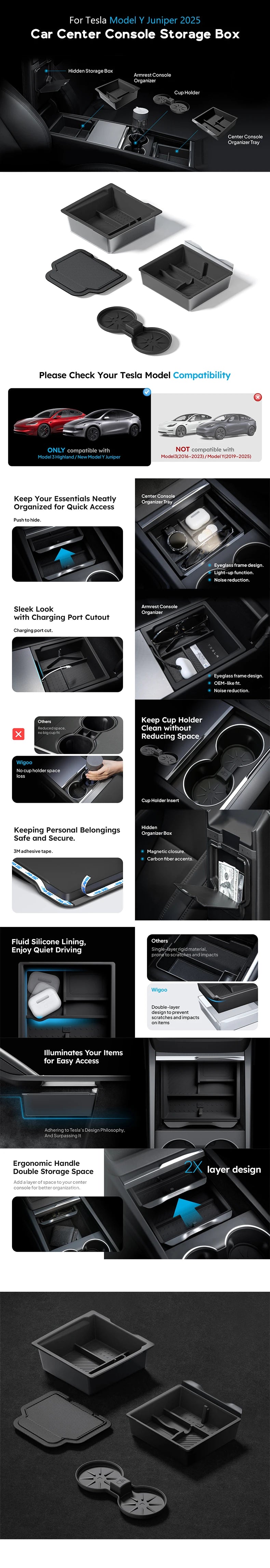 For Tesla Model Y Juniper 2025 & Model 3 Highland 2024 2025 ABS Center Console Organizer Tray Armrest Storage Box Accessories
