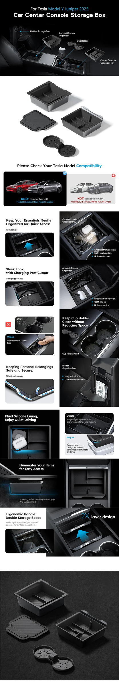 For Tesla Model Y Juniper 2025 & Model 3 Highland 2024 2025 ABS Center Console Organizer Tray Armrest Storage Box Accessories