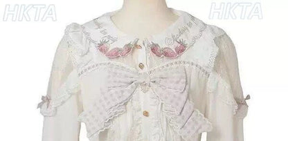 Japanese Mass Produced New Sweet Doll Collar Lolita Strawberry White Shirt Female 2026 Spring Pleated Lace Bow Blouses Top Women