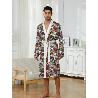 Men Robe 2025 Autumn Men's Trendy Casual Skull Head Rose US Dollar Bill Printing Pattern Home Casual Comfortable Nightgown