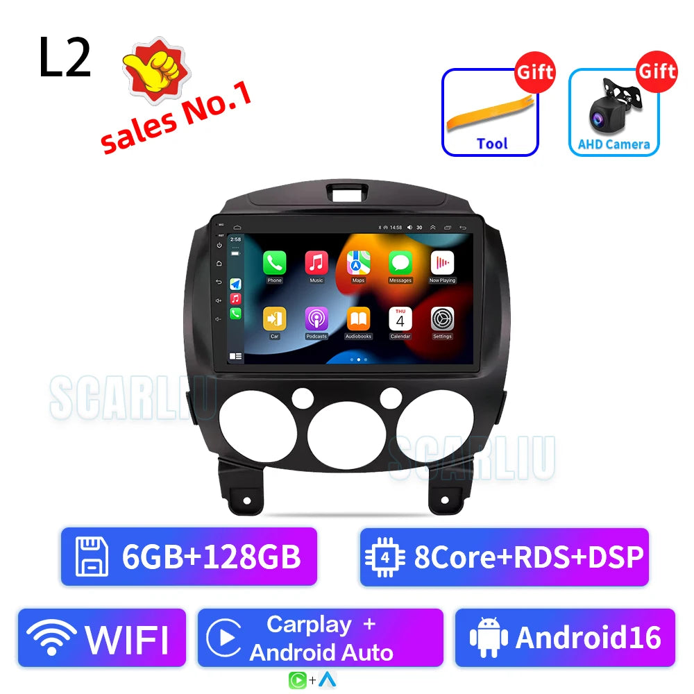 SCARLIU for Mazda 2 2007-2014 Multimedia Video Player 4G WIFI GPS Navigation Carplay DVD Head Unit 2 Din Android 16 Car Radio