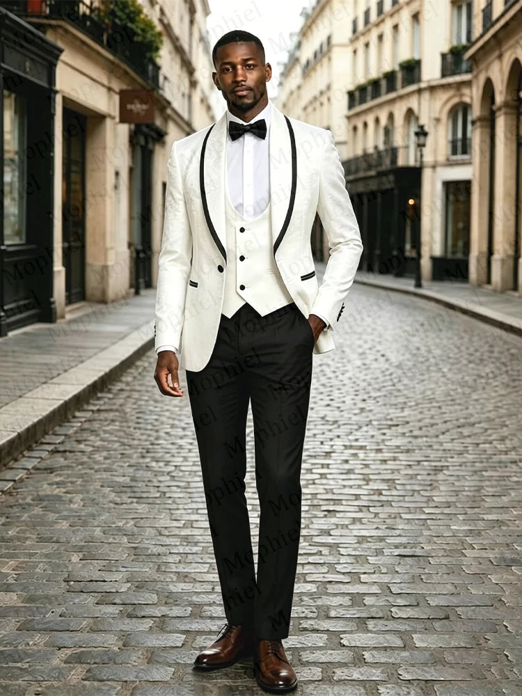 Jacquard Men's Suits Shawl Lapel Single Breasted 3Pcs Africa White Wedding Suit for Man Tuxedo Prom Slim Fit Blazer Customized