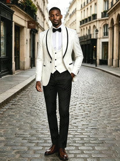 Jacquard Men's Suits Shawl Lapel Single Breasted 3Pcs Africa White Wedding Suit for Man Tuxedo Prom Slim Fit Blazer Customized