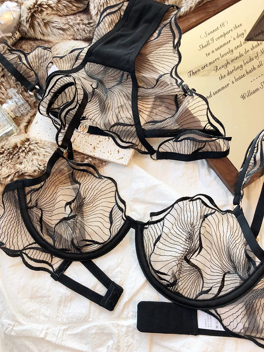 2 Pieces Summer Ultra Thin Breathable Women Underwear Sexy Lace Bra French Mesh Temptation Intimates Lingerie and Briefs Sets
