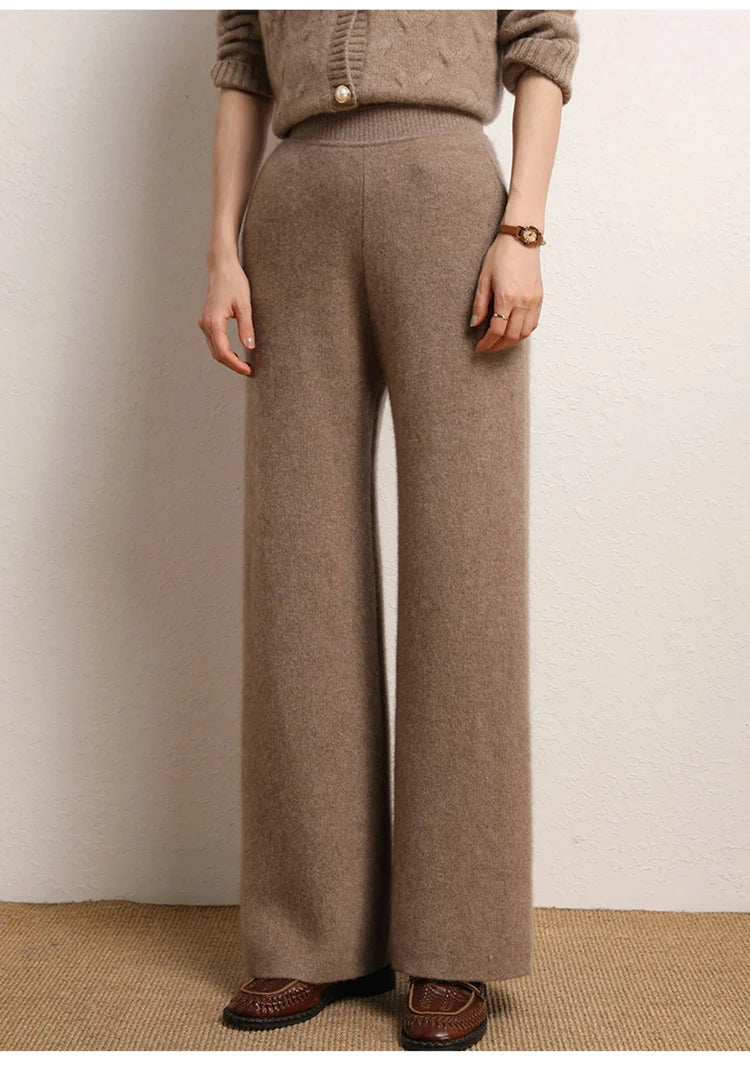 Women's 100% Cashmere Wide Leg Pants Knitted Thick Autumn/Winter Casual Solid Color Elastic Waistband Pockets