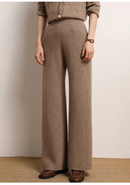 Women's 100% Cashmere Wide Leg Pants Knitted Thick Autumn/Winter Casual Solid Color Elastic Waistband Pockets