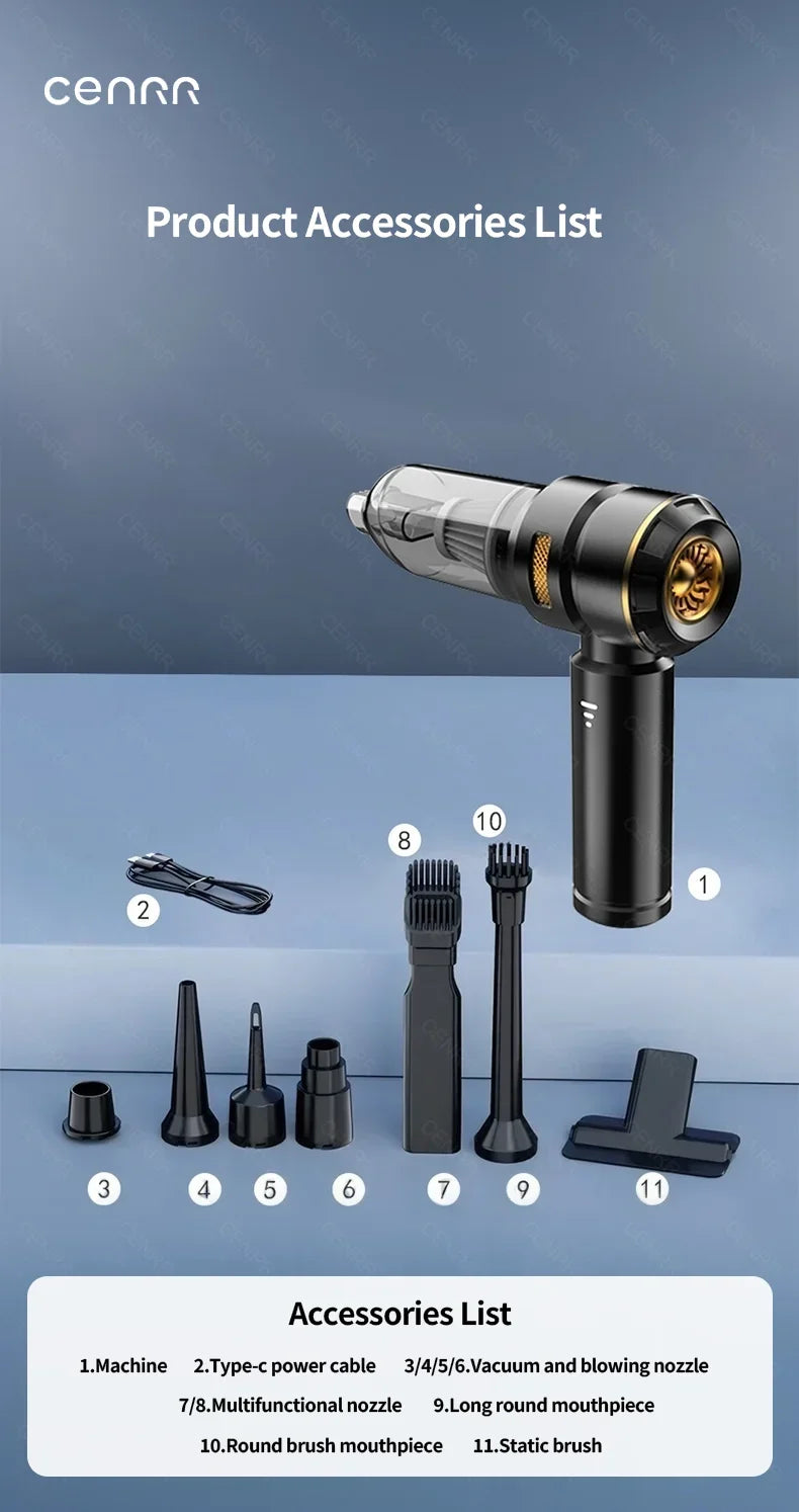 CENRR 998000PA Car Vacuum Cleaner Portable Powerful HandHeld Car Cleaner Dust Display Lamp Strong Suction Air Gun