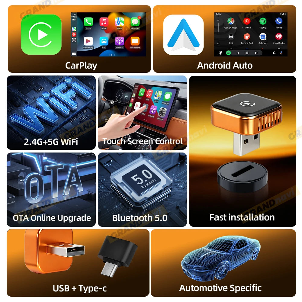 CarPlay Wireless Orange Adapter 2026 New Plug & Play Auto Connect No Delay Converts Wired to Wireless iPhone & Android