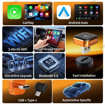 CarPlay Wireless Orange Adapter 2026 New Plug & Play Auto Connect No Delay Converts Wired to Wireless iPhone & Android