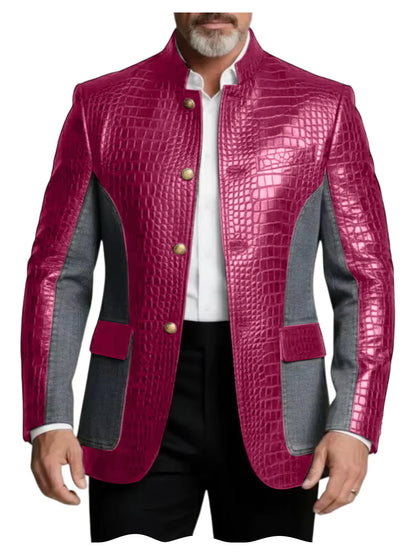 Men's Crocodile Embossed Leather Brown Jacket Patchwork Denim Stand Collar Slim Fit Luxury PU Blazer For Business Casual Party