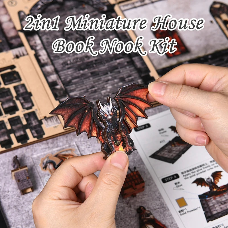 Zuuton Dragon Treasure DIY Book Nook Kit 3D Wooden Puzzle with LED Light Miniature Dollhouse Bookend Handmade Model Decor Gift