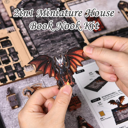 Zuuton Dragon Treasure DIY Book Nook Kit 3D Wooden Puzzle with LED Light Miniature Dollhouse Bookend Handmade Model Decor Gift