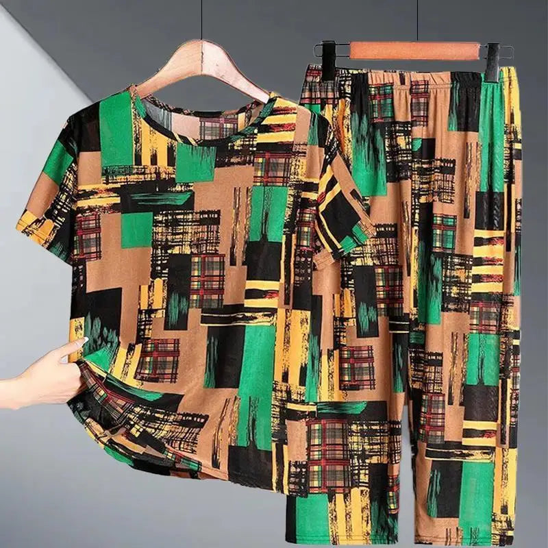 Ice Silk Two-Piece Set for Mom Summer Casual Short Sleeve Large Size Elderly Women's Fashionable Stripe And Plaid Ensemble