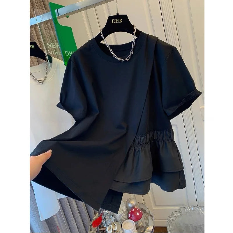 Loose Fit Pure Cotton Short Sleeve T-Shirt Women Summer Fashionable Casual Top Large Size 200 Pounds Asymmetrical Layering