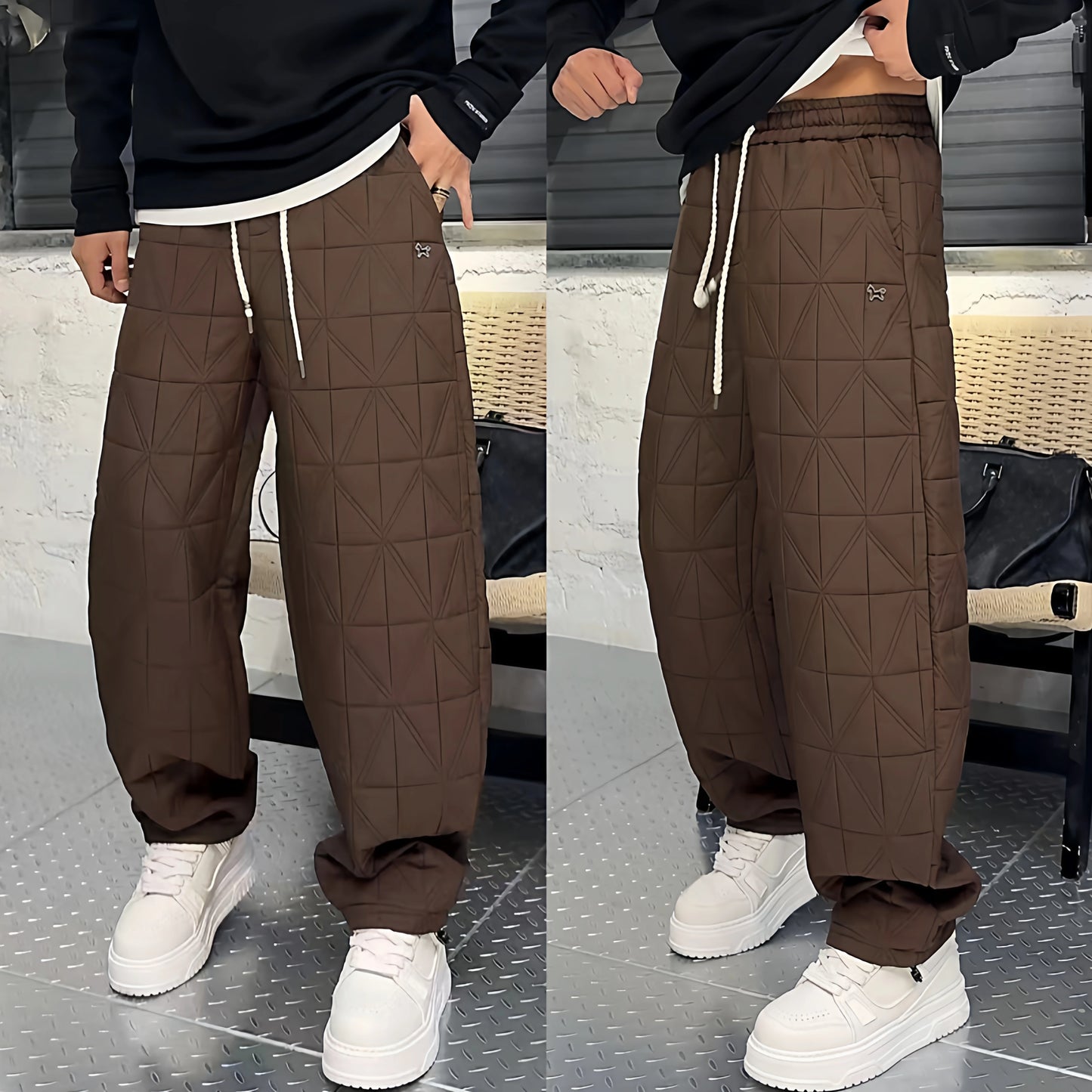 Warm Cotton Pants Men's Winter Fashion Straight Leg Thermal Trousers Thickened Flannel Drawstring Elastic Waist Casual Loose Fit
