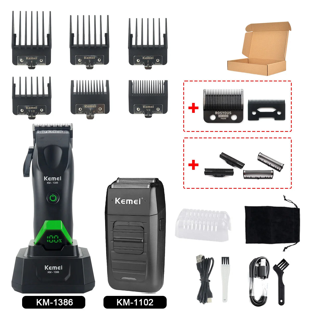 Kemei 1386 Men's Hair Clipper 8000RPM DLC Blade with Base Charger LED Display 2000mAh Professional Hair Cutting Machine Trimmer