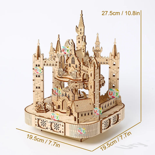 Ury 3D Wooden Puzzle Musical Octagonal Box Rotatable Touring Train Castle Model Mechanical Kit Decor DIY Toy Gift for Adult