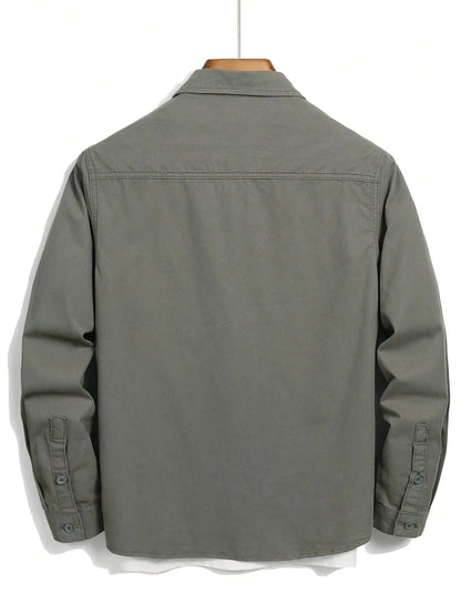 Men's Vintage Army Green Casual Denim Shirt, 100% Cotton Long Sleeve Lapel Work Shirt with Pockets