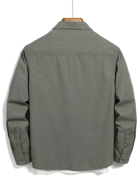 Men's Vintage Army Green Casual Denim Shirt, 100% Cotton Long Sleeve Lapel Work Shirt with Pockets