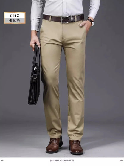 Spring Summer Casual Pants Khaki Black Straight Regular Fit High Waist Mens Pants Stretch Trousers for Male Size 40 42