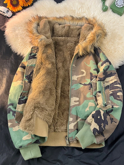 Thickened Faux Rabbit Fur Collar Camouflage Hooded Jacket Cotton Padded Coat for Men And Women Double-Sided Wear Youth Style