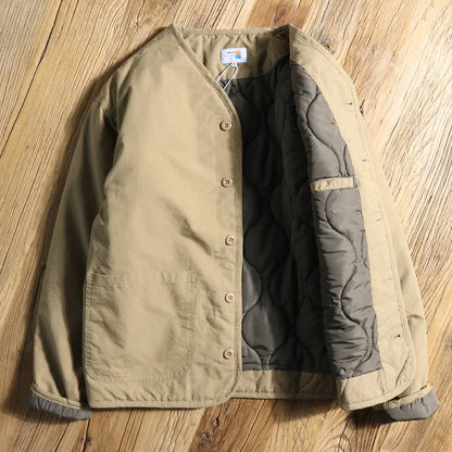 Outdoor Autumn and Winter Cycling Collarless Cotton-padded Jacket for Men, Quilted Waterproof and Warm Inner Liner Work Jacket