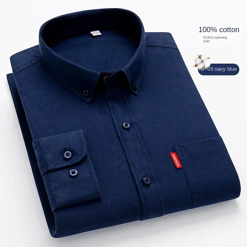 100% Pure Cotton Men's Solid Color Long Sleeve Shirt Youth Casual Cotton Oxford Spun Large Size Shirt Men's